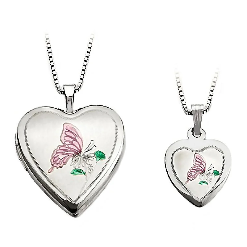 Chipped edge necklace-Satin Butterfly Just Like Mommy 925 Silver Locket and Pendant Necklace Set