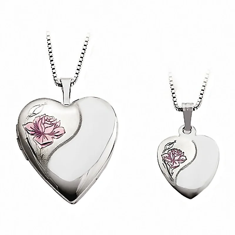 Sparkling kunzite necklace-Satin Rose Just Like Mommy 925 Silver Heart Locket and Pendant Necklace Set