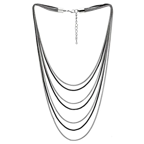 Nonagon pendant necklace-Silver Black Collar Statement Necklace Waterfall Multi-Strand Snake Chains Pendant, Minimalist