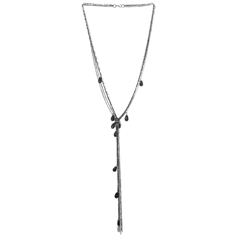 Radiant sun necklace-Silver Black Lariat Necklace Tassel Pendant with Teardrop Crystal, Multi-strand Long Chains Y-Shape