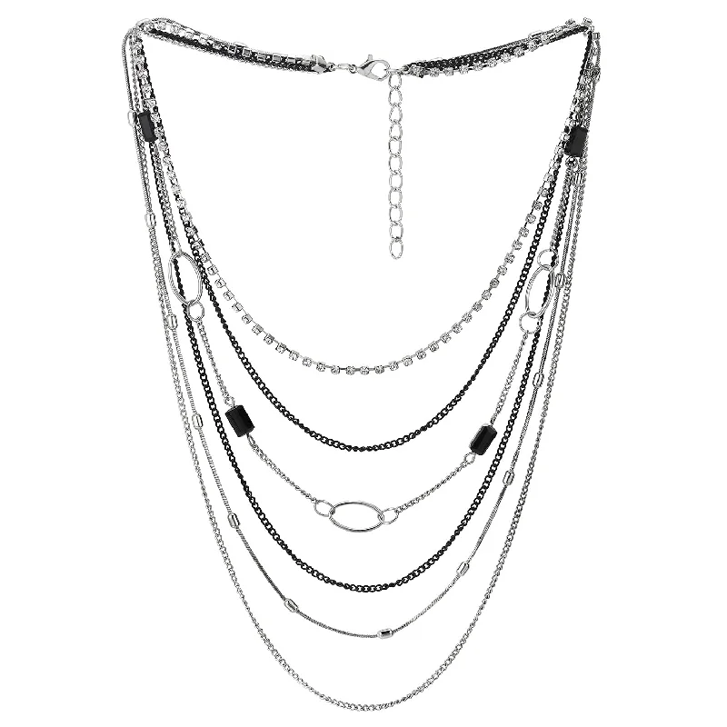 Extended diamond necklace-Silver Black Necklace Waterfall Multi-Strand Chains with Rhinestones Black Crystal Bead Circle Charm