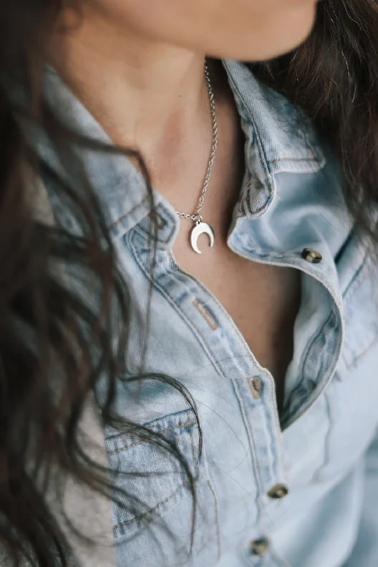 Ridge gem necklace-Silver crescent moon necklace, double horn necklace, stainless steel chain necklace, Half Moon Necklace, gift for her, Layering, Celestial, waterproof jewelry