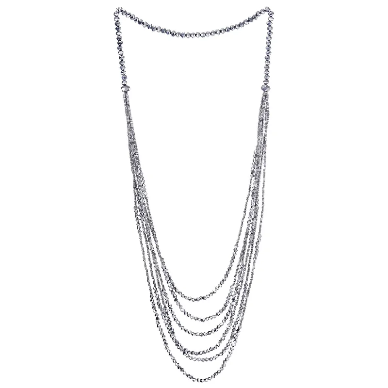 Lustrous gold necklace-Silver Long Statement Necklace Multi-Strand Waterfall Chains with Crystal Beads Charms Pendant