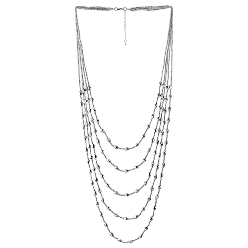 Embossed pattern necklace-Silver Oval Beads Statement Necklace Multi-Strand Long Chains with Crystal Charms Pendant