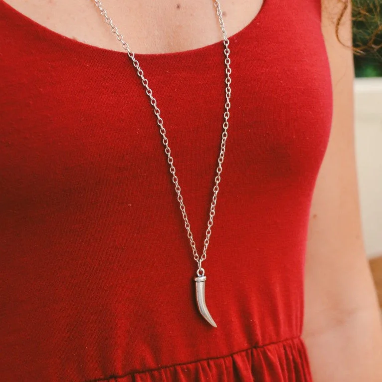 Faceted crystal necklace-Silver alligator tooth / claw pendant, stainless steel chain, for woman