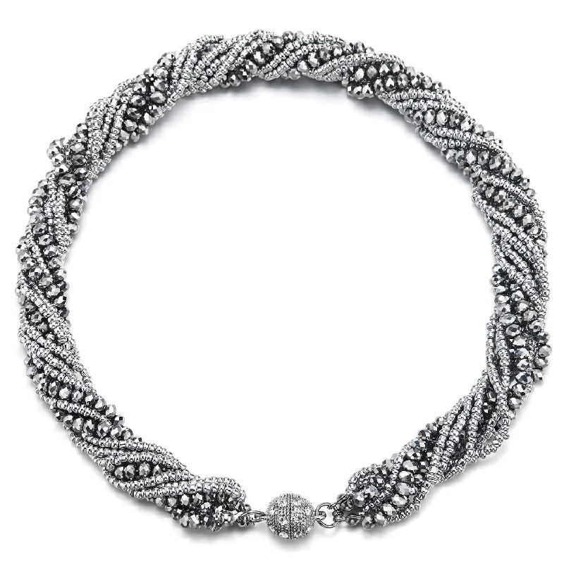 Shimmering silver necklace-Silver Statement Necklace Multi-Layer Beads Crystal Braided Chain Choker Collar Magnetic Clasp