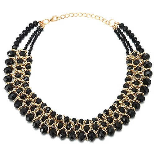 Suspended gem necklace-Statement Necklace Black Faceted Crystal Beads String Gold Braided Chain Pendant