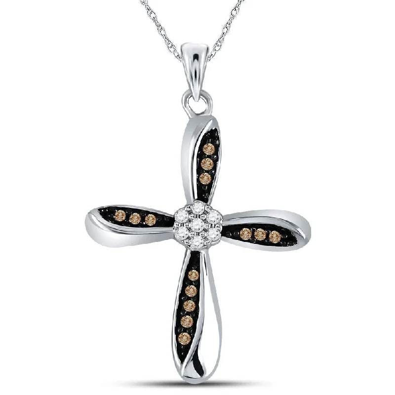 Fine link necklace-Sterling Silver Womens Round Brown Diamond Cross Pendant 1/4 Cttw