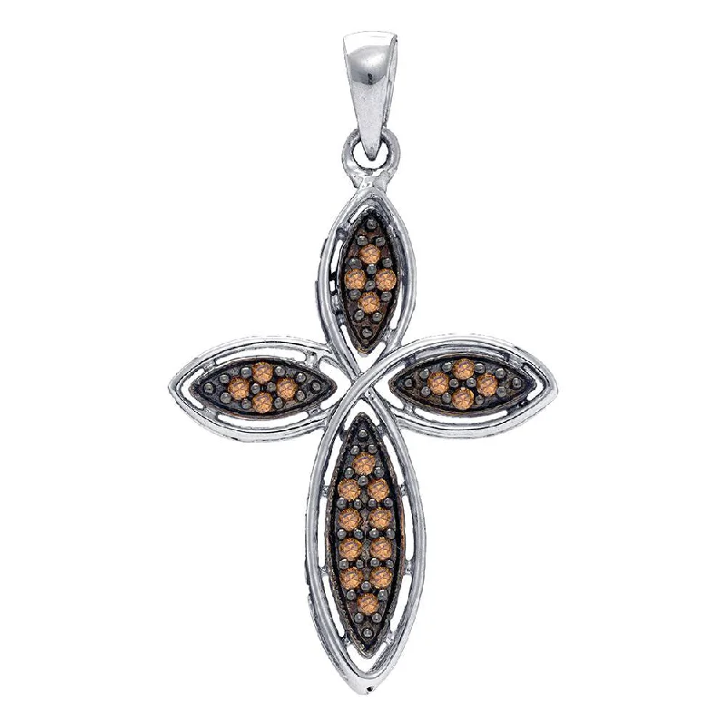 Blocked chain necklace-Sterling Silver Womens Round Brown Diamond Cross Pendant 1/4 Cttw