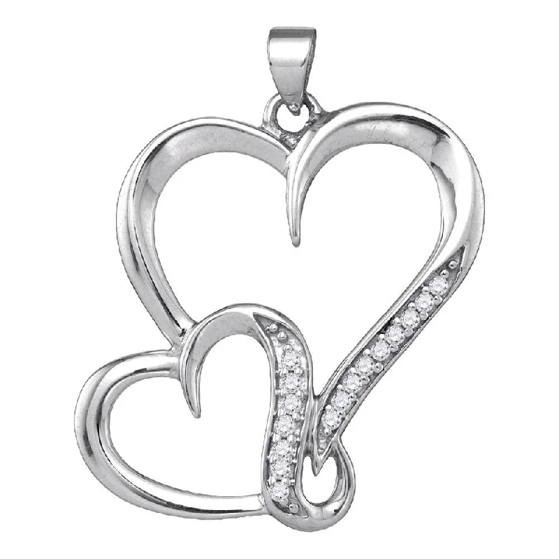 Suspended gem necklace-Sterling Silver Womens Round Diamond Double Heart Pendant 1/10 Cttw