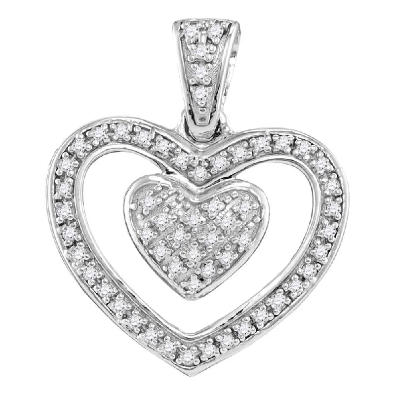 Scored chain necklace-Sterling Silver Womens Round Diamond Double Nested Heart Pendant 1/10 Cttw