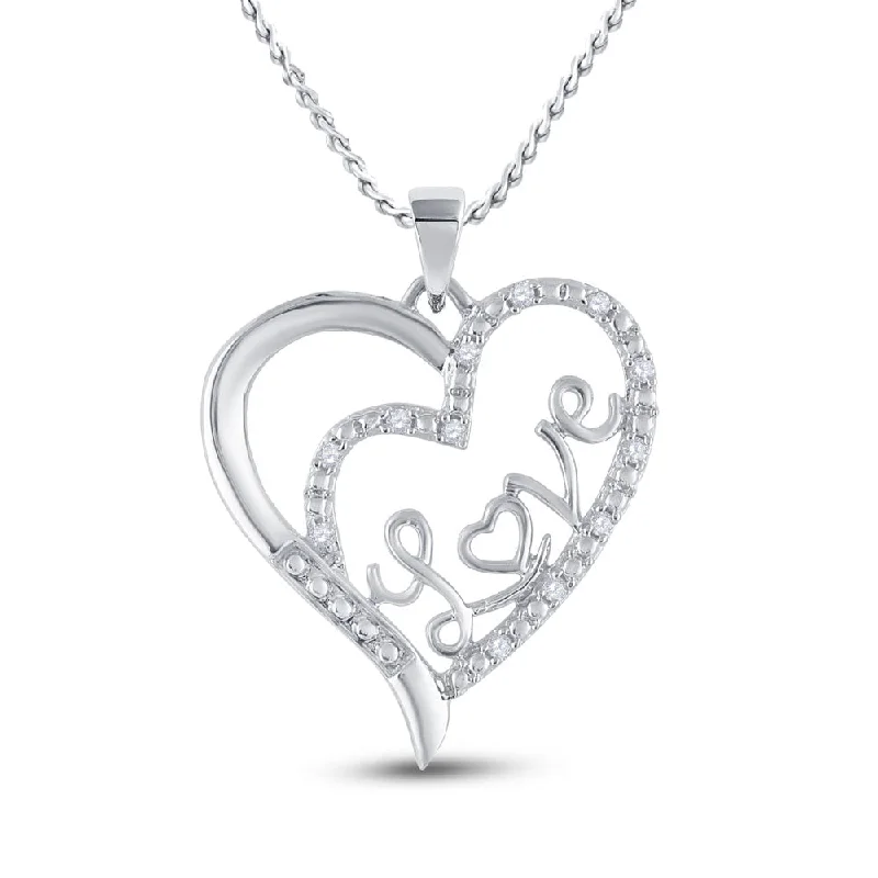 Protruding gem necklace-Sterling Silver Womens Round Diamond Love Heart Pendant 1/10 Cttw