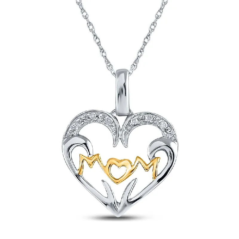 Sleek cobalt necklace-Two-tone Sterling Silver Womens Round Diamond Mom Heart Pendant .03 Cttw