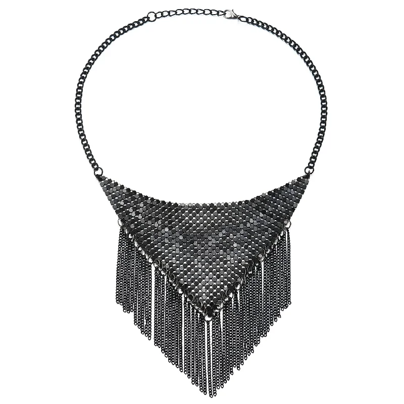 Glazed gem necklace-Unique Hipster Grey Black Statement Triangle Bib Collar Necklace with Dangling Chains Tassel