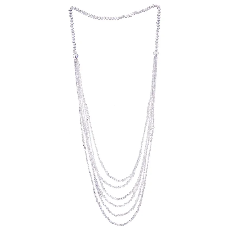 Shiny pewter necklace-White Long Statement Necklace Multi-Strand Waterfall Chains with Crystal Beads Charms Pendant