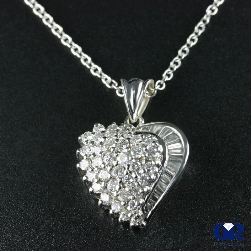 Luminous ruby necklace-1.17 Carat Round & Baguette Diamond Heart Shaped Pendant 14K White Gold With 16" Chain