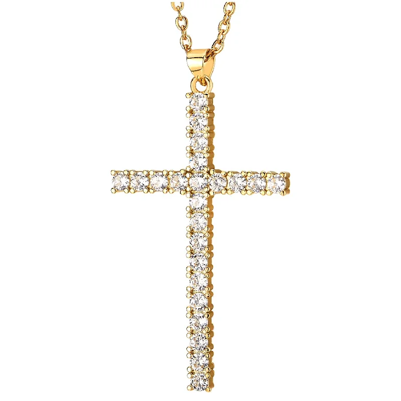 Rough-cut sapphire necklace-Womens Gold Steel Cubic Zirconia Cross Pendant Necklace, Adjustable Rope Chain, Unique