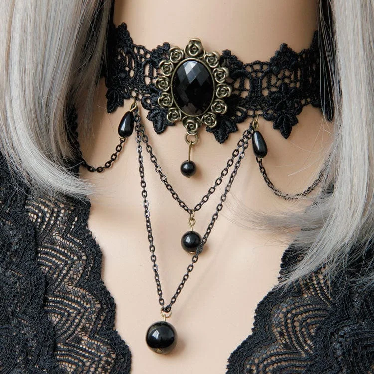 Brushed-edge necklace-Women's Gothic Bead Lace Choker with Chain