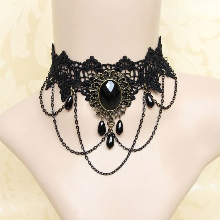 Protruding gem necklace-Women's Gothic Diamante Lace Choker with Chain