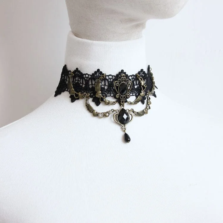 Tarnished gold necklace-Women's Gothic Diamante Lace Choker with Heart Chain