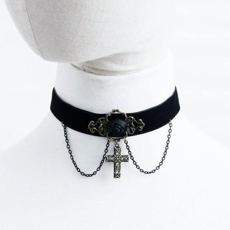 Flat cabochon necklace-Women's Gothic Rose Cross Choker with Chain