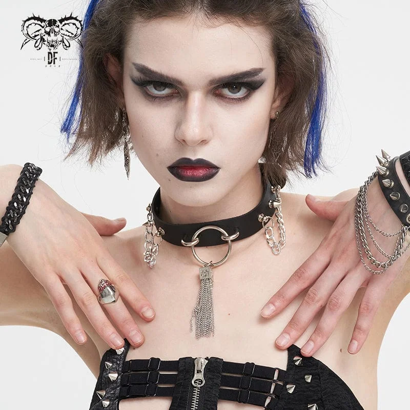 Nonagon pendant necklace-Women's Gothic Studded Tassels Chain Choker