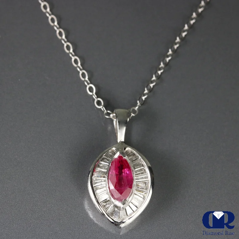 Buffed pewter necklace-1.30 Ct Ruby & Diamond Pendant Necklace 14K White Gold With Chain