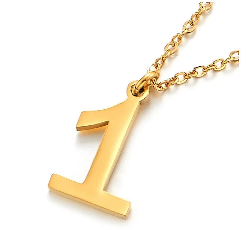 Broad-band necklace-Womens Men Stainless Steel Gold Arabic Numerals Number 1 Pendant Necklace with Adjustable Rope Chain