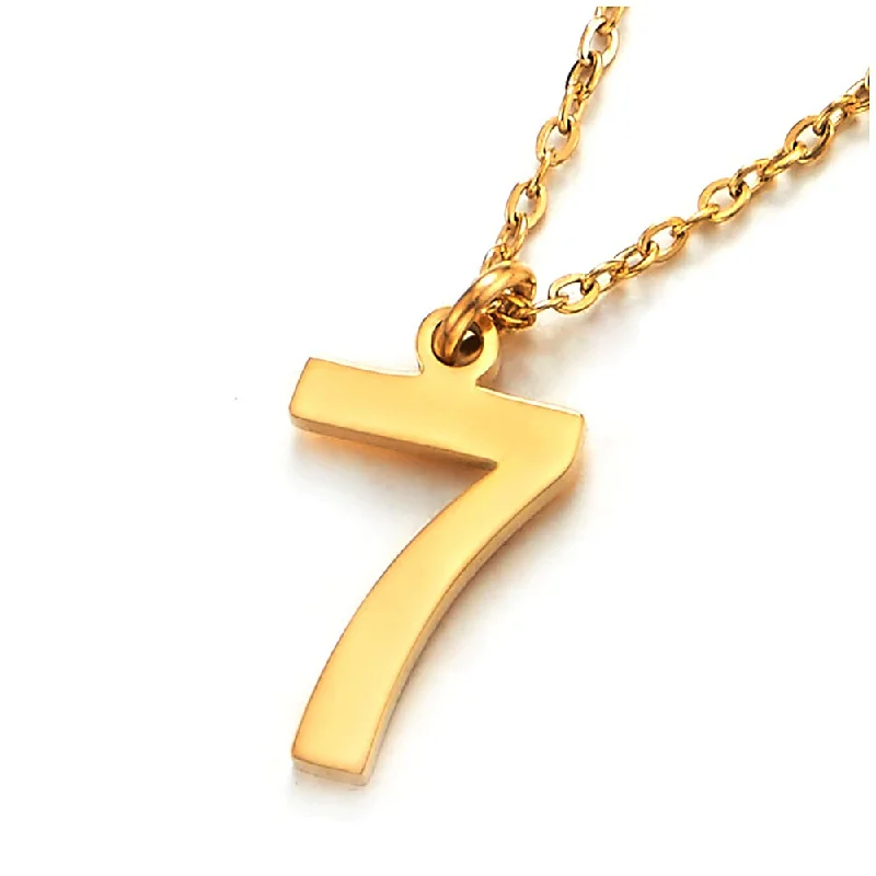 Ridged necklace-Womens Men Stainless Steel Gold Arabic Numerals Number 7 Pendant Necklace with Adjustable Rope Chain