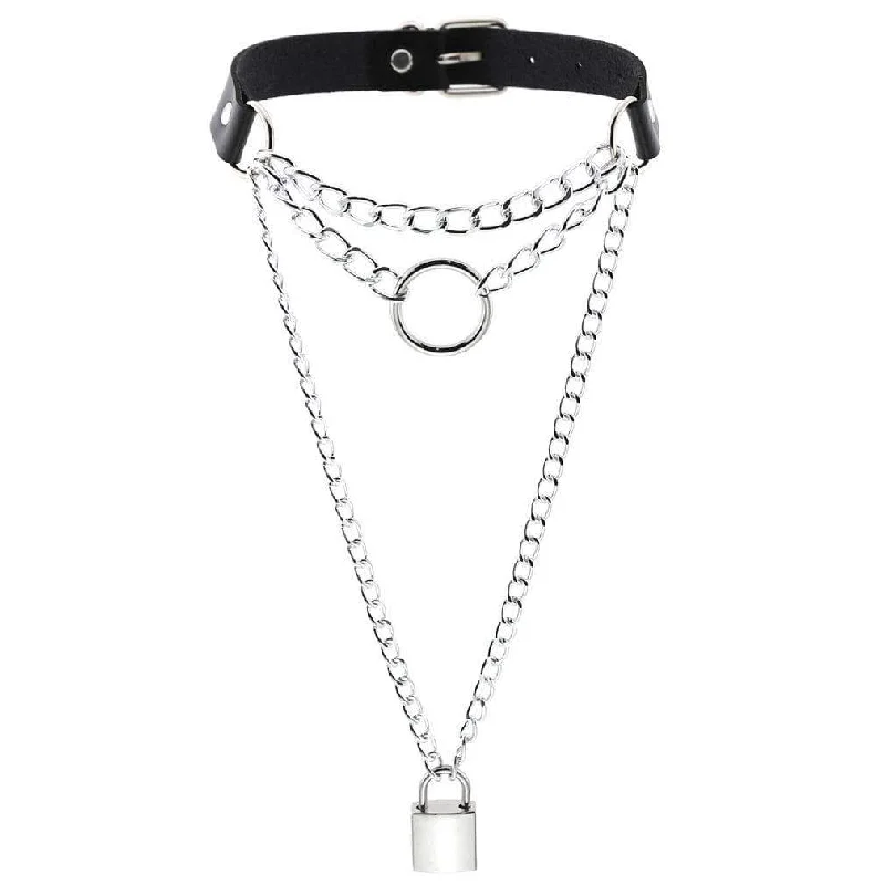 Spotted chain necklace-Women's Metal Chain Faux Leather Choker With Lock&Key