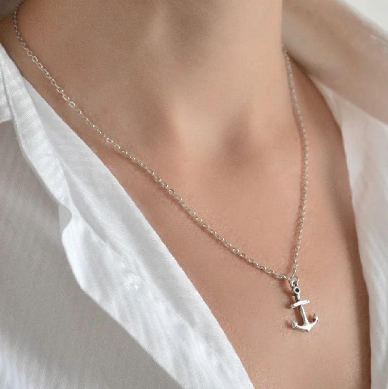 Sleek cobalt necklace-Women's silver anchor chain necklace, dainty gift for her