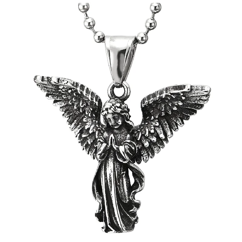 Corkscrew necklace-Womens Steel Vintage Angle Wing Prayer Hand Fairy Pendant Necklace with 23.6 Inches Ball Chain