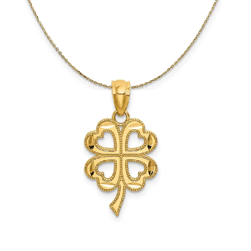 Glossy hematite necklace-14k Yellow Gold Diamond Cut Four Leaf Clover Necklace