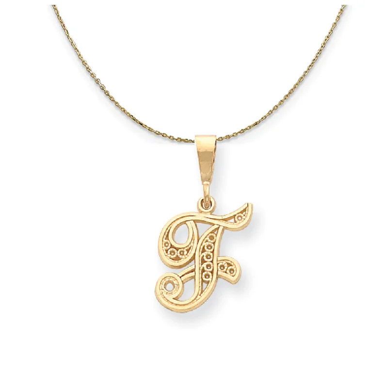 14k Yellow Gold, Maci, LG Filigree Script Initial F Necklace