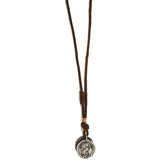 Faint finish necklace-Aadi Men's Silver Coin on Brown Leather Necklace