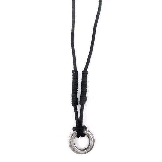 Faint silver necklace-Aadi Men's Silver Ring on Black Leather Necklace