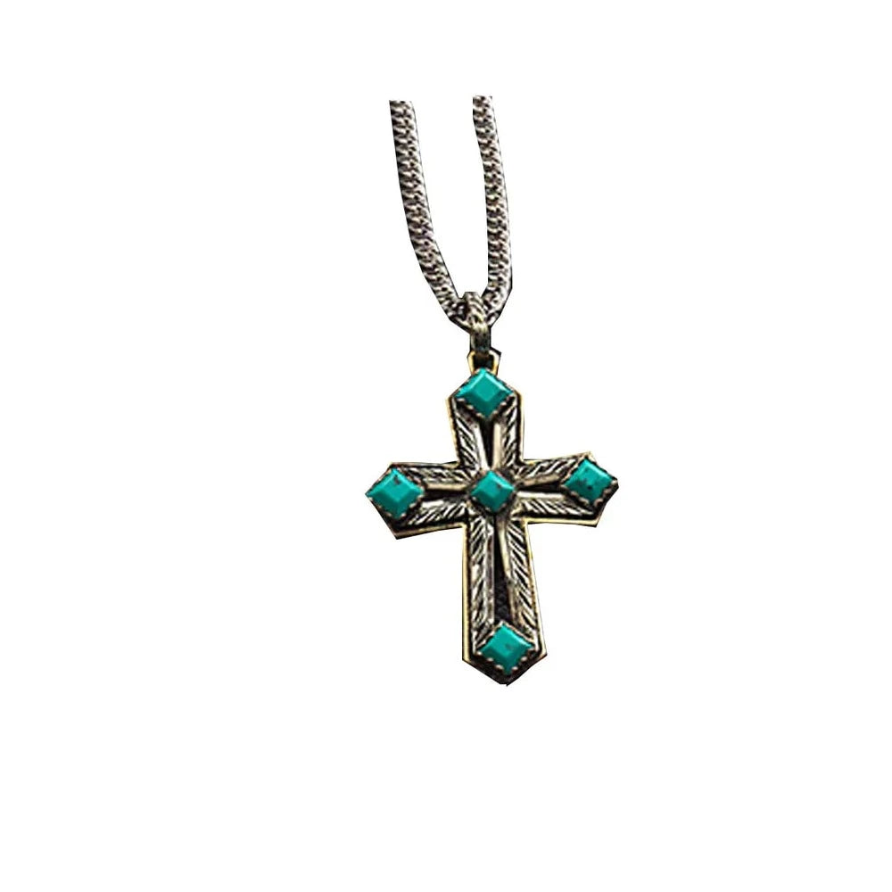 Luminous ruby necklace-Silver Strike Men's Brass & Turquoise Cross Necklace