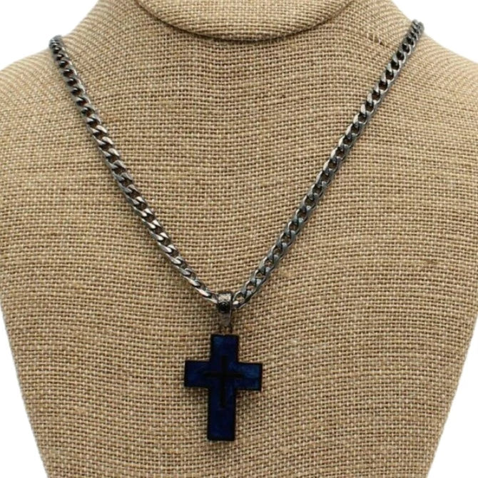 Luminous citrine necklace-Twister Men's Gunmetal Blue Cross Necklace