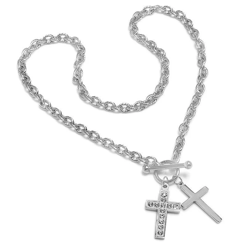 Sparkling kunzite necklace-Ladies Stainless Steel Cross and Simulated Diamonds Necklace