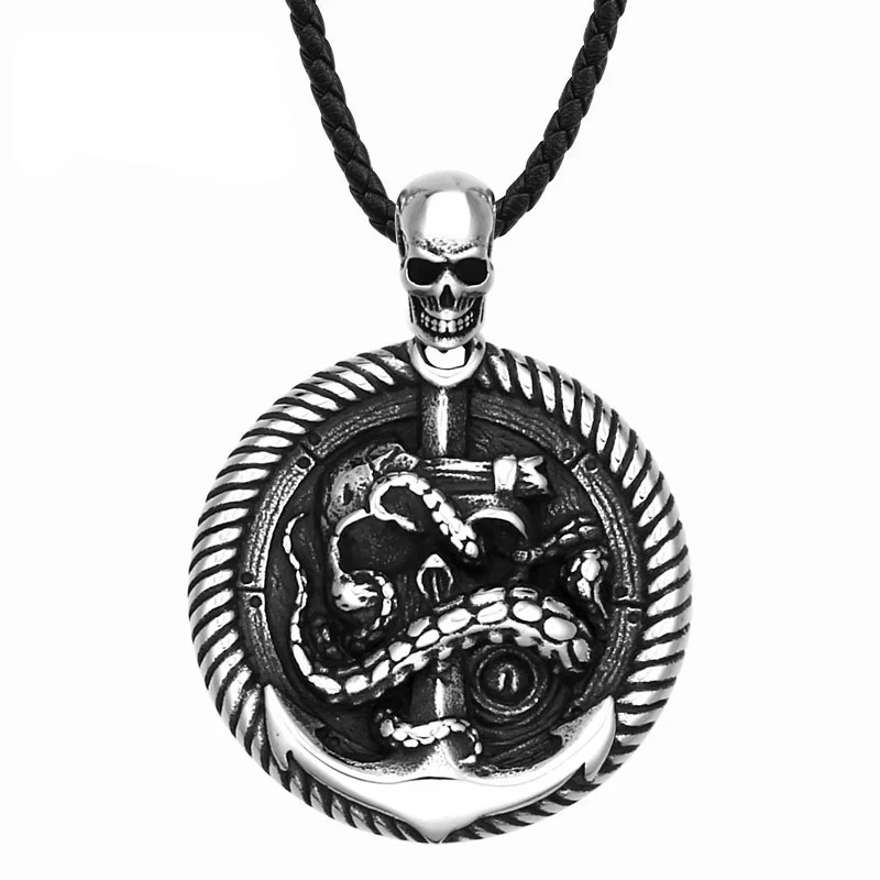 Shimmering silver necklace-Men's Punk Skull Anchor Necklace