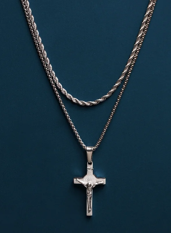 Deep hematite necklace-Necklace Set: Silver Rope Chain and Silver Crucifix Necklace