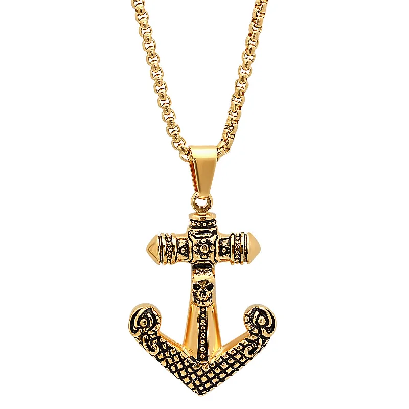 Swept design necklace-Steeltime 18k Gold Plated Stainless Steel Anchor Cross Skull Necklace