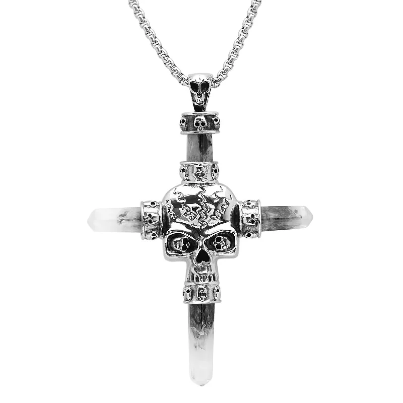 Broad-band necklace-Steeltime Stainless Steel Crucifix Cross With Multiple Skull Necklace