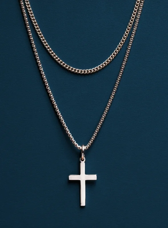 Sterling Silver (Rhodium plated) Cross Necklace Set for Men