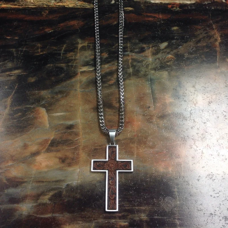 Molten silver necklace-Twister Men's Tooled Leather Inlay Cross Necklace