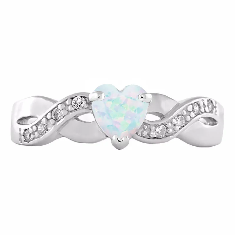 Deep hematite ring-0.6ct Heart-cut Fiery White Opal Crossover Promise Ring Silver