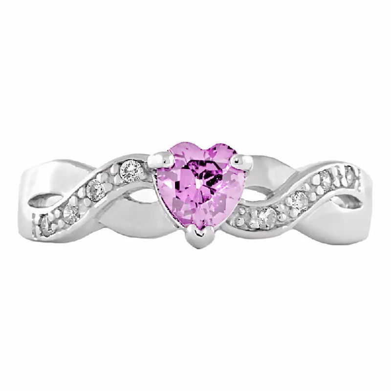 Angled design ring-0.6ct Heart-cut Pink Tourmaline Ice CZ Crossover Promise Ring Silver