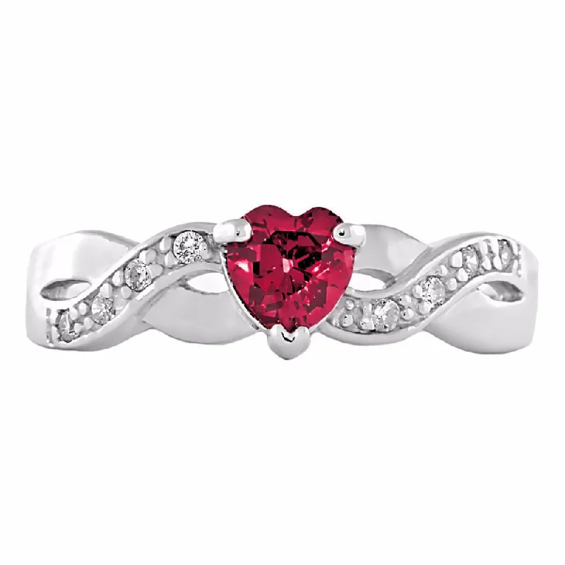 Hand-scored ring-0.6ct Heart-cut Ruby Ice CZ Crossover Promise Ring Silver