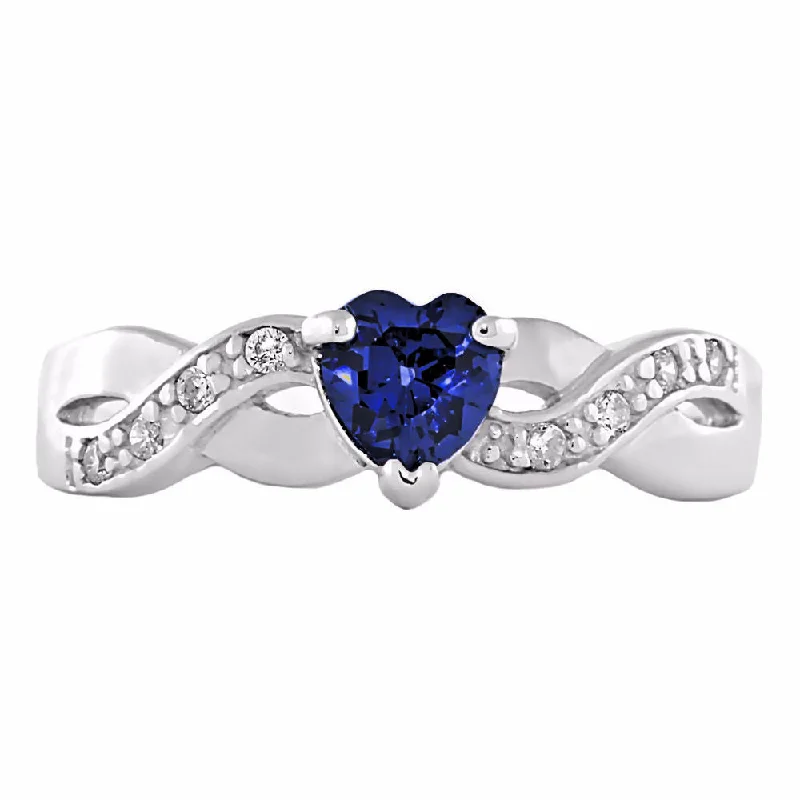 Pearlized platinum ring-0.6ct Heart-cut Simulated Blue Sapphire Crossover Promise Ring Silver