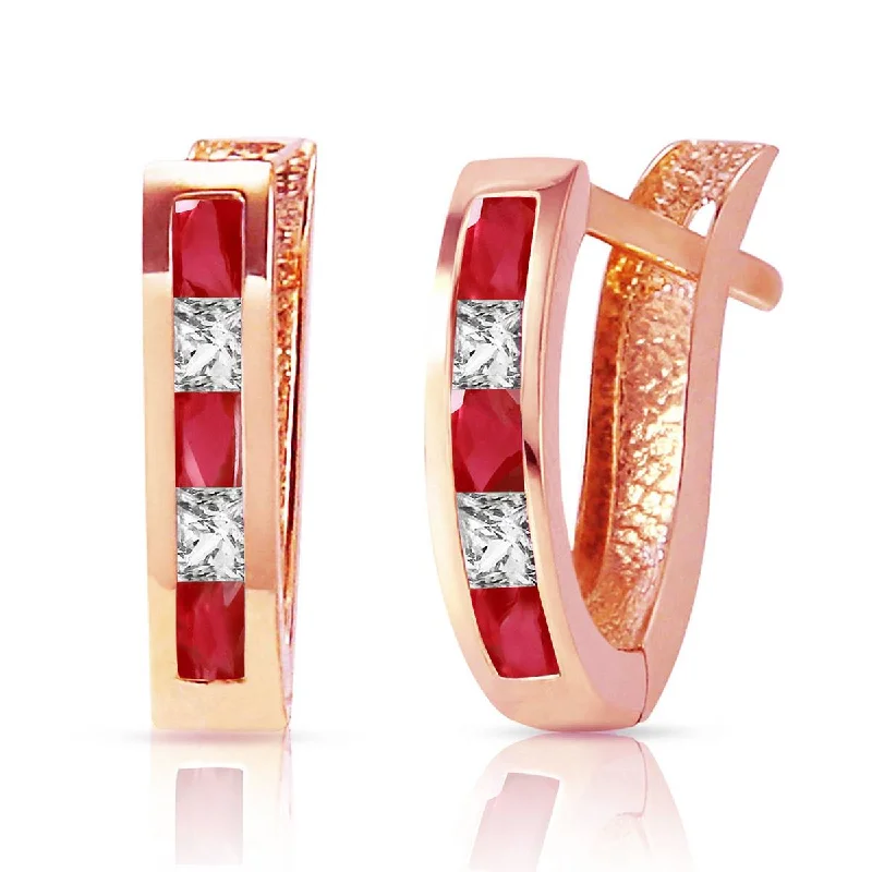 Brushed-edge earrings-1.26 Carat 14K Solid Rose Gold Ruby White Topaz Hoop Earrings